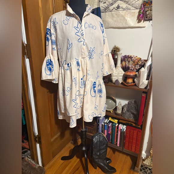 Cummense Dresses & Skirts - Cummense Ciao Wine Cream Blue Graphic Babydoll Ruffle Dress Medium